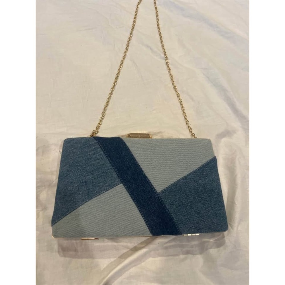 Blue Patchwork Denim Box Clutch Bag Gold Chain Crossbody Evening Purse